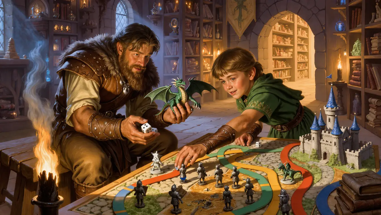 A father and son playing a fantasy tabletop game with miniatures, dice, a dragon, and a castle in a magical workshop.