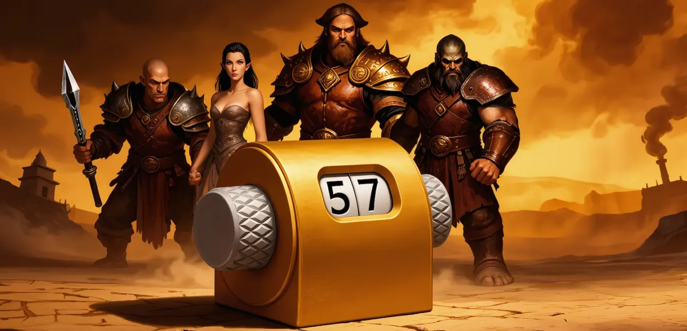 Heroes and Spells Life Counter banner showing a gold and silver life counter with fantasy warriors in the background.