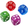 Heroes and Spells dice set showing D6 and D12 dice in multiple colours.