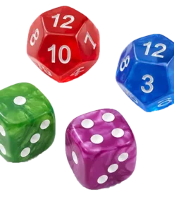 Heroes and Spells dice set showing D6 and D12 dice in multiple colours.