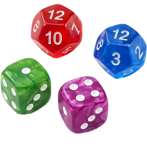 Heroes and Spells dice set showing D6 and D12 dice in multiple colours.