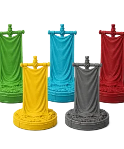 Five coloured faction banners for Heroes and Spells in green, cyan, maroon red, yellow and dark grey.