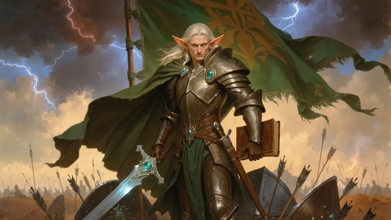 Fantasy banner for Heroes and Spells showing an elven warrior standing beneath a green faction banner.