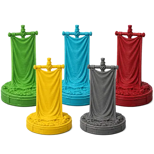 Five coloured faction banners for Heroes and Spells in green, cyan, maroon red, yellow and dark grey.