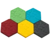 Five coloured faction hex tiles for Heroes and Spells in green, cyan, maroon red, yellow and dark grey.