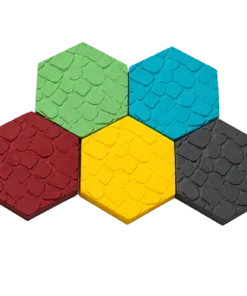 Five coloured faction hex tiles for Heroes and Spells in green, cyan, maroon red, yellow and dark grey.