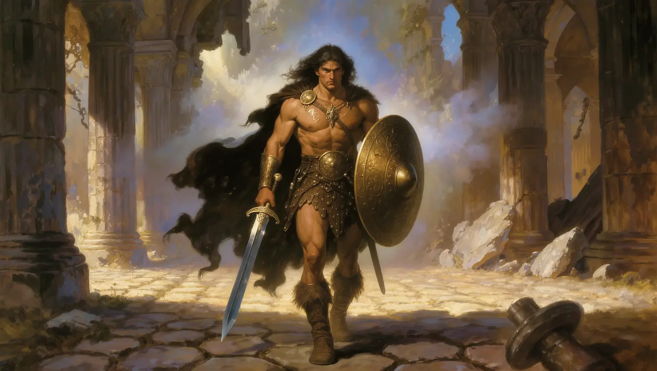 Fantasy banner for Heroes and Spells showing a warrior walking through ancient ruins.