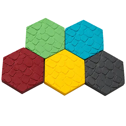 Five coloured faction hex tiles for Heroes and Spells in green, cyan, maroon red, yellow and dark grey.