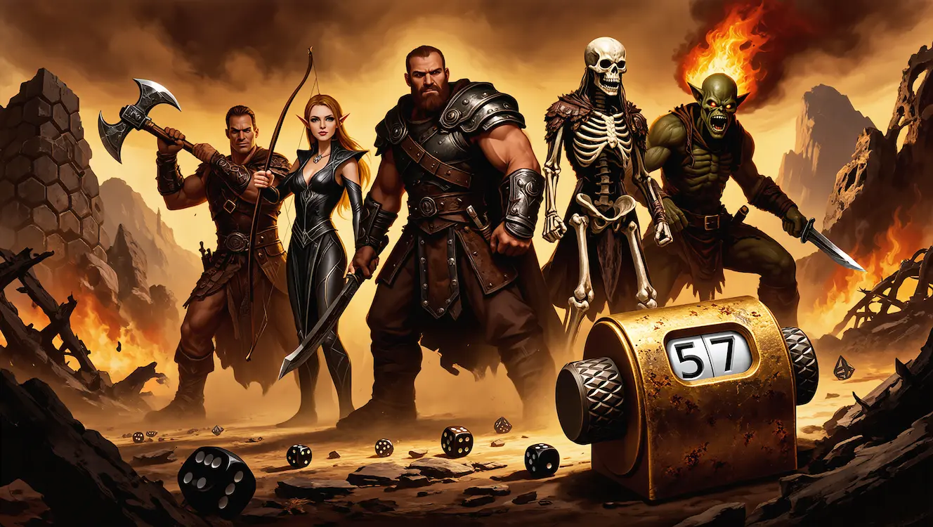 Heroes and Spells fantasy game pieces banner showing warriors, dice and a life counter in the Realm of Thaloria.