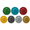 Heroes and Spells game tokens shown in faction colours plus silver and gold.