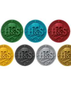 Heroes and Spells game tokens shown in faction colours plus silver and gold.