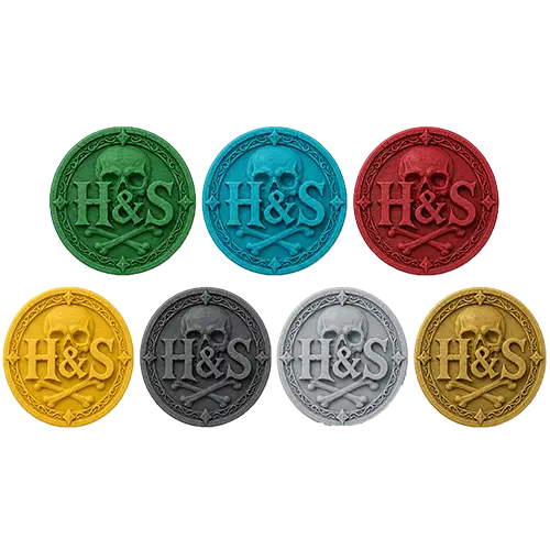 Heroes and Spells game tokens shown in faction colours plus silver and gold.