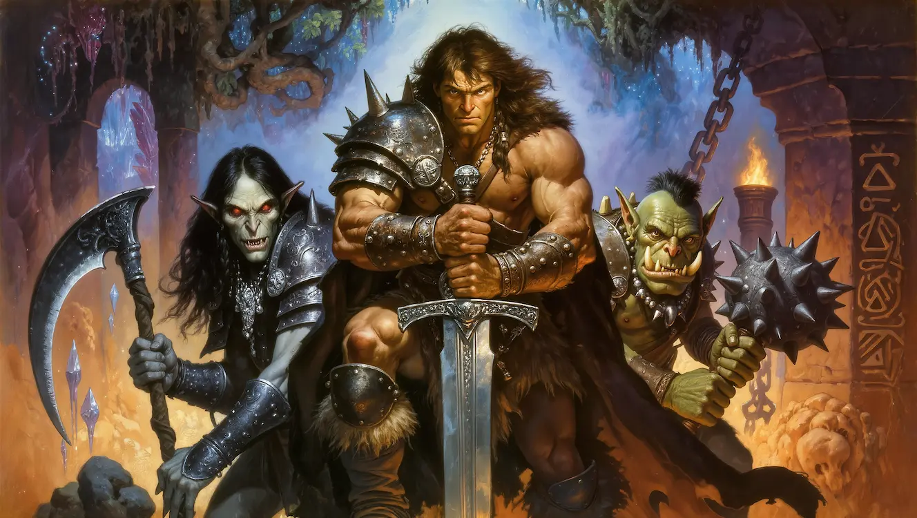 Fantasy banner for Heroes and Spells showing warriors inside a dungeon grotto setting.