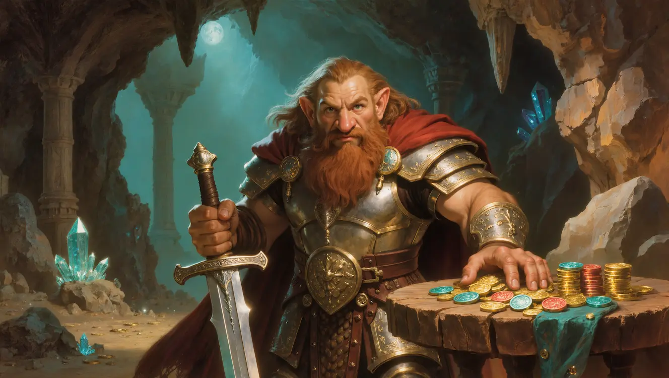 Fantasy banner for Heroes and Spells showing a dwarf warrior beside coloured game tokens and gold coins.