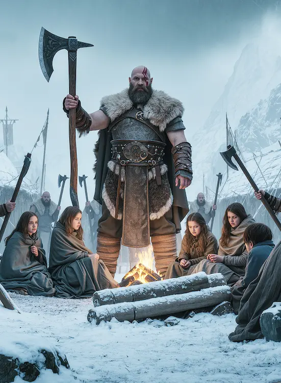 Full art fantasy artwork for ROT-126 Ironblood Refuge from the Heroes and Spells expansion, showing an Ironblood warrior guarding refugees around a fire in the snowy lands of Thaloria.