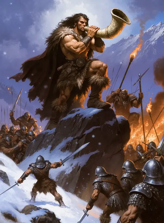 Full art fantasy artwork for ROT-127 Northern Horn from the Heroes and Spells expansion, showing an Ironblood warrior blowing a battle horn from a snowy mountain as warriors gather below.