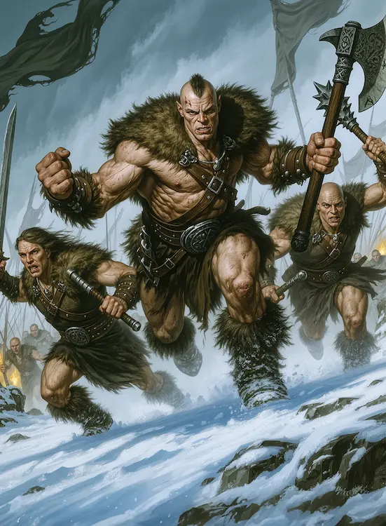 Full art fantasy artwork for ROT-128 Kael’s Challenge from the Heroes and Spells expansion, showing Ironblood warriors charging across a snowy battlefield in Thaloria.