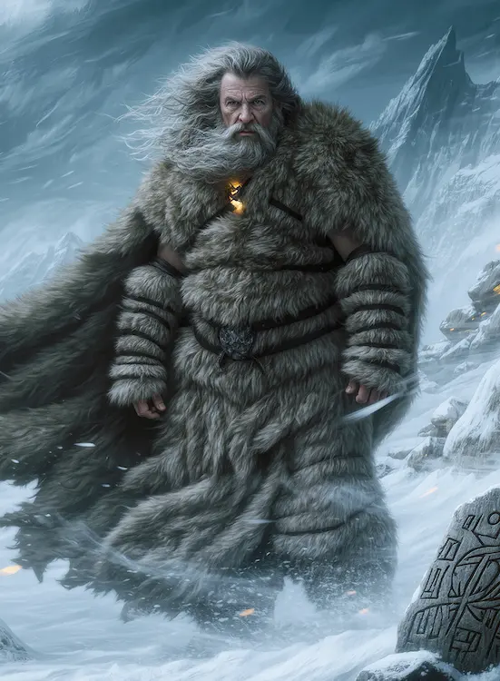 Full art fantasy artwork for ROT-129 Furs of the North from the Heroes and Spells expansion, showing a heavily fur-cloaked northern warrior walking through a frozen storm in Thaloria.