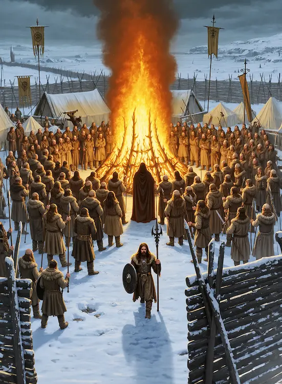 Full art fantasy artwork for ROT-131 Hearthfire Muster from the Heroes and Spells expansion, showing the Ironblood Tribes gathered around a great fire in the snowy lands of Thaloria.