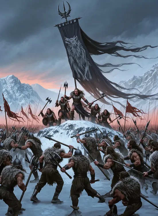 Full art fantasy artwork for ROT-132 Wolf Banner from the Heroes and Spells expansion, showing Ironblood warriors rallying beneath a great wolf banner in the snowy lands of Thaloria.