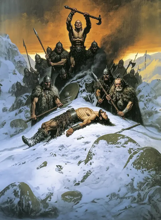 Full art fantasy artwork for ROT-133 Clan Oath from the Heroes and Spells expansion, showing Ironblood warriors swearing an oath over a fallen warrior in the snowy mountains of Thaloria.