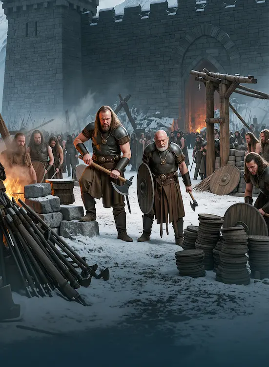 Full art fantasy artwork for ROT-134 Stone and Sweat from the Heroes and Spells expansion, showing Ironblood warriors preparing weapons and supplies outside a stone fortress in snowy Thaloria.