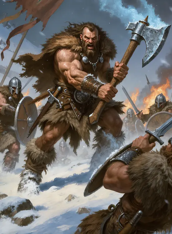 Full art fantasy artwork for ROT-135 Frosted Axe from the Heroes and Spells expansion, showing an Ironblood warrior charging into battle with a frost-covered axe in snowy Thaloria.