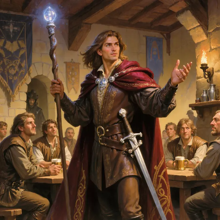Fantasy wizard king standing in a tavern holding a glowing staff, used as the audiobook cover for The Lore of Thaloria.
