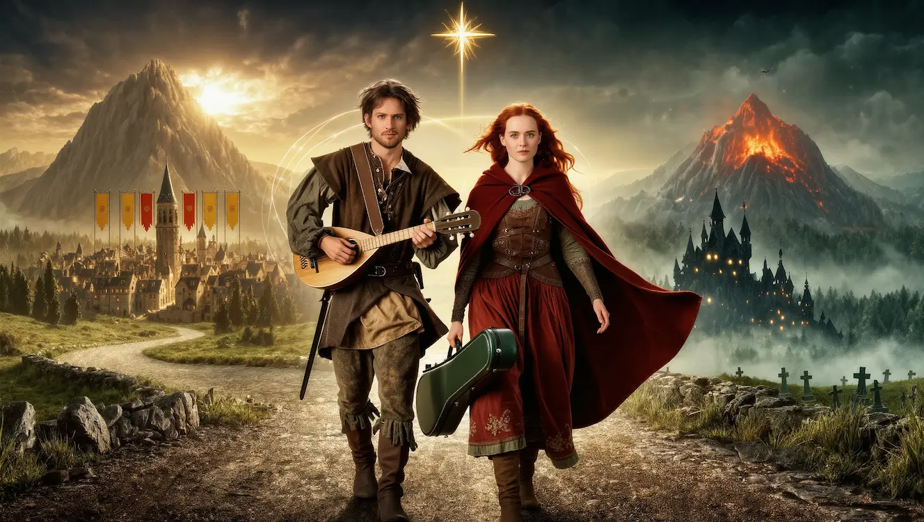 Simon and Edda walking the broken roads of Thaloria with music and the fallen star above