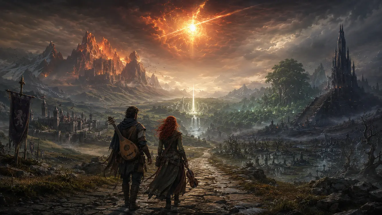 Simon and Edda travelling along a broken road through Thaloria as a fallen star burns above the five realms