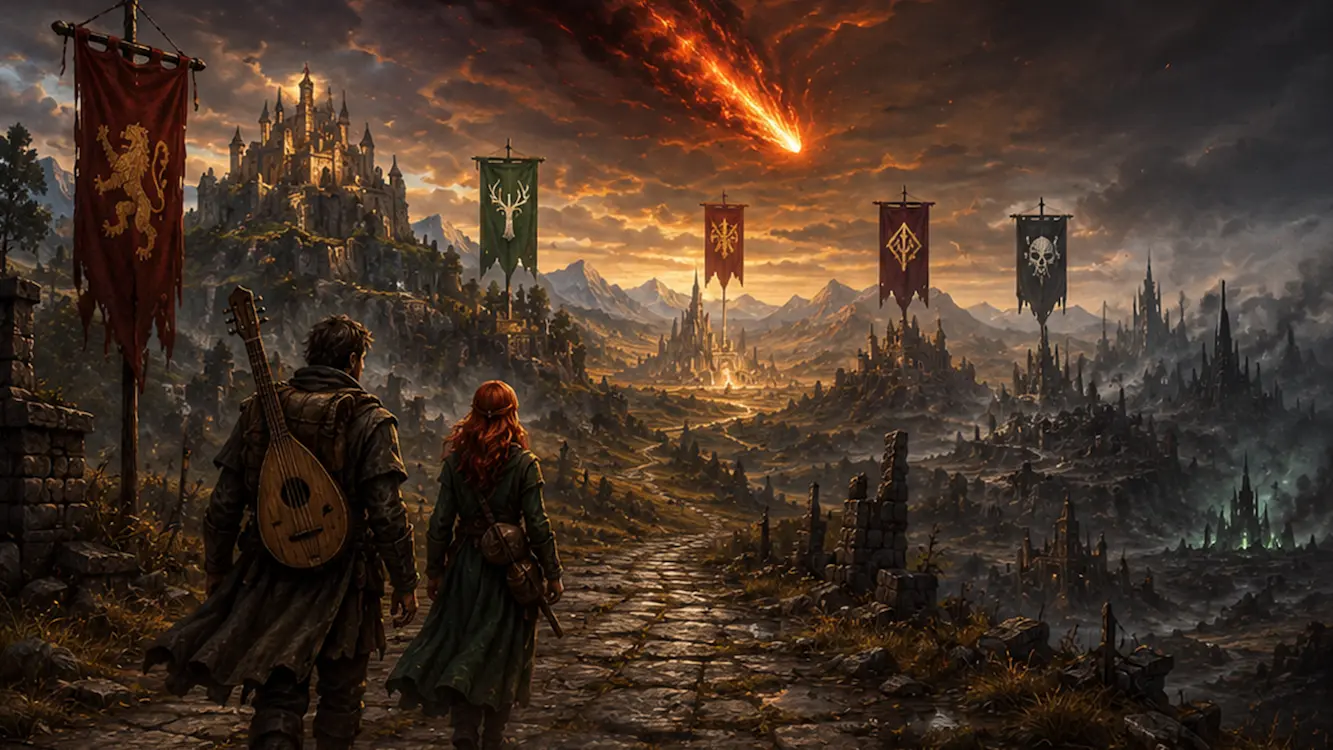 Simon and Edda walking a broken road through Thaloria beneath the fallen star