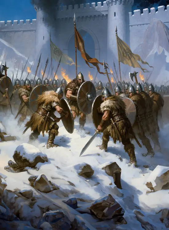 Full art fantasy artwork for ROT-137 Northshield Wall from the Heroes and Spells expansion, showing Ironblood warriors forming a shield wall in the snow before a fortress in Thaloria.