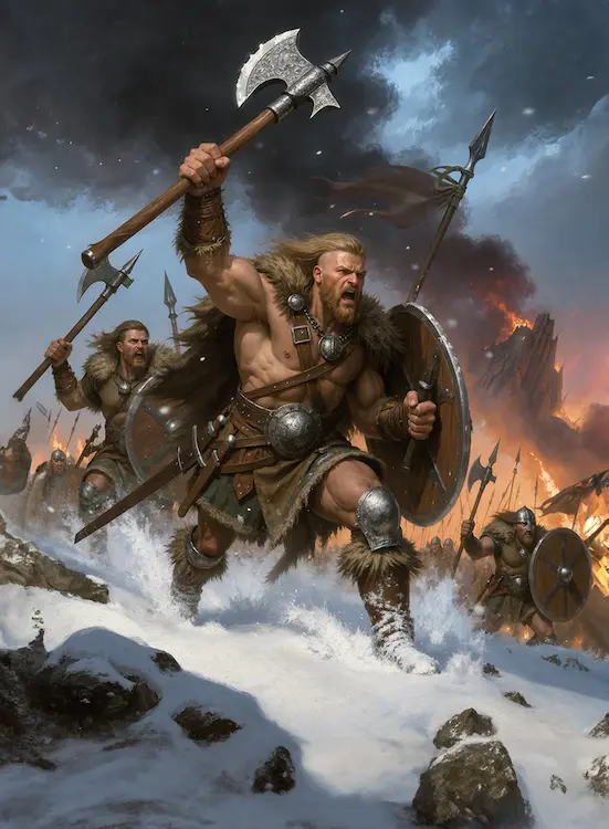 Full art fantasy artwork for ROT-138 Red Snow Charge from the Heroes and Spells expansion, showing Ironblood warriors charging through snow into battle in Thaloria.