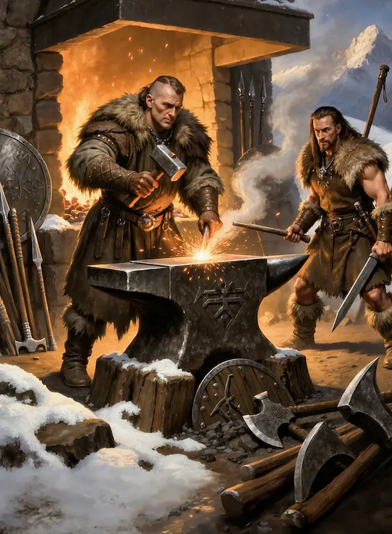 Full art fantasy artwork for ROT-139 Refugee Blacksmith from the Heroes and Spells expansion, showing an Ironblood blacksmith forging weapons beside a blazing hearth in snowy Thaloria.