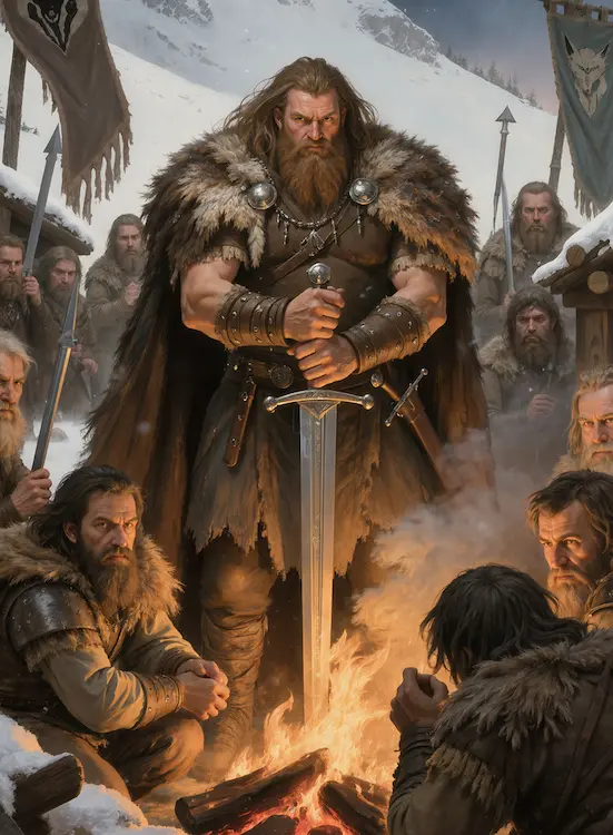 Full art fantasy artwork for ROT-142 Kin, Not Subjects from the Heroes and Spells expansion, showing an Ironblood leader standing with his sword before his clan in snowy Thaloria.