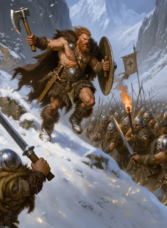 Full art fantasy artwork for ROT-143 Highland Ambush from the Heroes and Spells expansion, showing an Ironblood warrior leaping from a snowy mountain pass into battle in Thaloria.