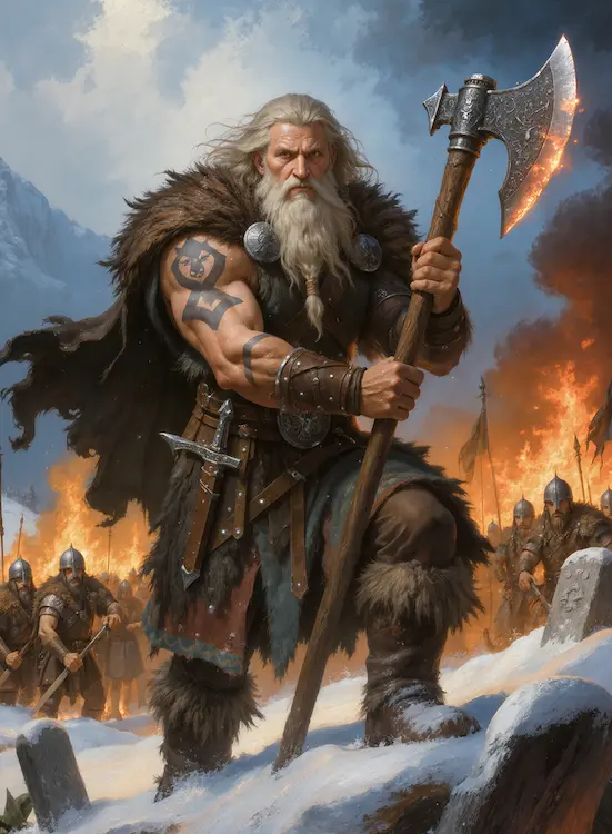 Full art fantasy artwork for ROT-145 Axe of the Last Hearth from the Heroes and Spells expansion, showing an Ironblood warrior holding a glowing axe on a snowy battlefield in Thaloria.