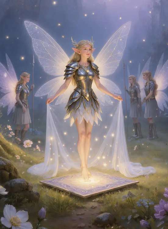 Full art fantasy artwork for ROT-147 Glimmer Veil from the Heroes and Spells expansion, showing a radiant fairy surrounded by glowing magic and fairy warriors in Thaloria.
