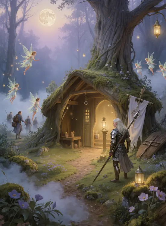 Full art fantasy artwork for ROT-148 Lost Elf Shelter from the Heroes and Spells expansion, showing an elf warrior finding shelter in an enchanted fairy forest in Thaloria.