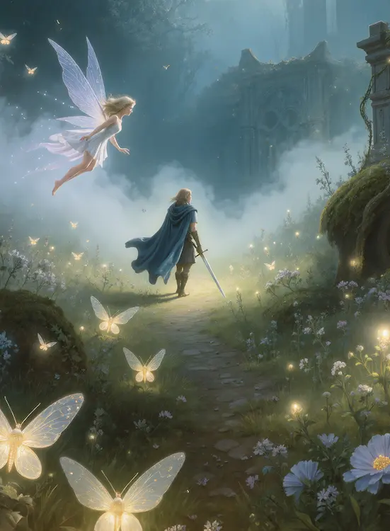 Full art fantasy artwork for ROT-149 Mothlight Path from the Heroes and Spells expansion, showing a traveller being guided through an enchanted fairy forest by glowing mothlights in Thaloria.