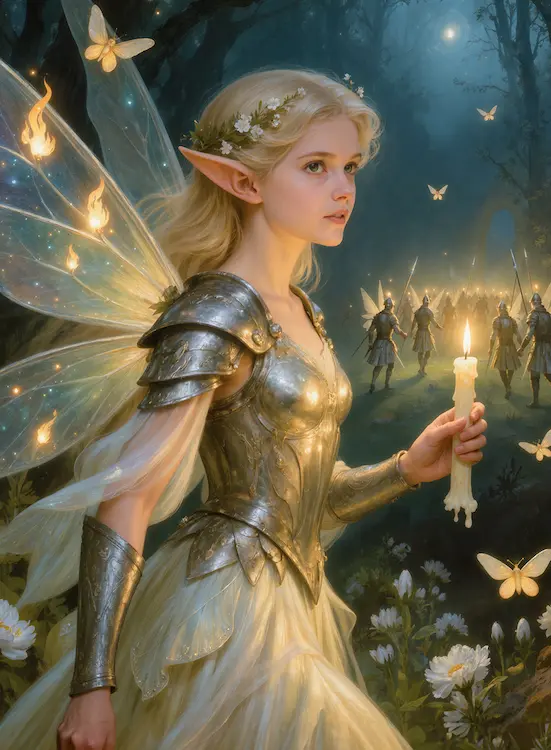 Full art fantasy artwork for ROT-150 Candleflame Wings from the Heroes and Spells expansion, showing a fairy carrying a candle through an enchanted forest in Thaloria.
