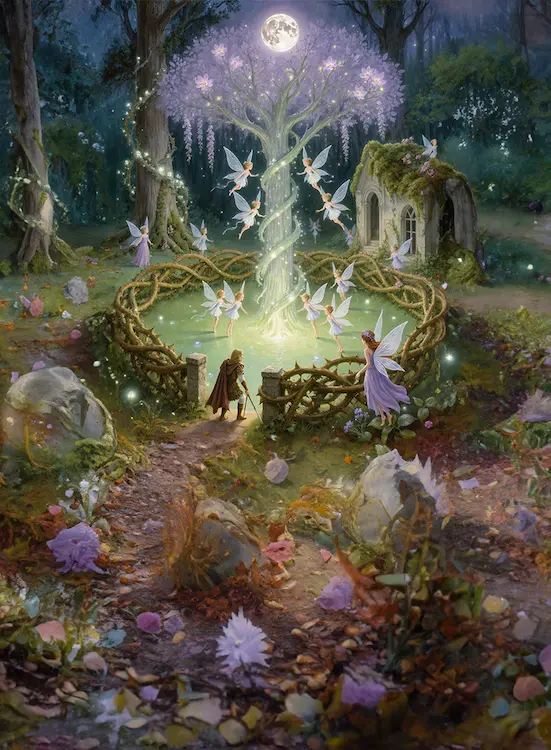 Full art fantasy artwork for ROT-151 Thorn-Woven Border from the Heroes and Spells expansion, showing fairies gathered around a glowing thorn-woven sanctuary in Thaloria.