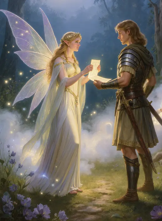 Full art fantasy artwork for ROT-152 Queen’s Envoy from the Heroes and Spells expansion, showing a fairy envoy delivering a glowing message to a warrior in Thaloria.