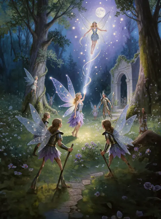 Full art fantasy artwork for ROT-153 Starlight Misdirection from the Heroes and Spells expansion, showing fairies using glowing starlight magic to misdirect enemies in Thaloria.