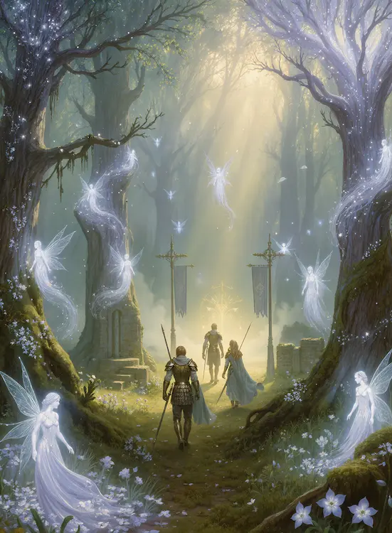 Full art fantasy artwork for ROT-155 The Forest Remembers from the Heroes and Spells expansion, showing travellers moving through an enchanted forest filled with glowing fairy spirits in Thaloria.