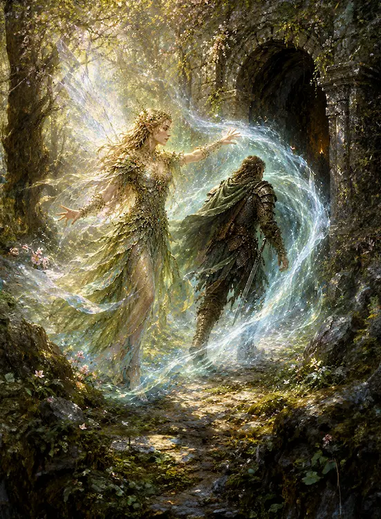 Full art fantasy artwork for ROT-156 Mist of Safe Passage from the Heroes and Spells expansion, showing a fairy guiding a traveller through protective magical mist in Thaloria.