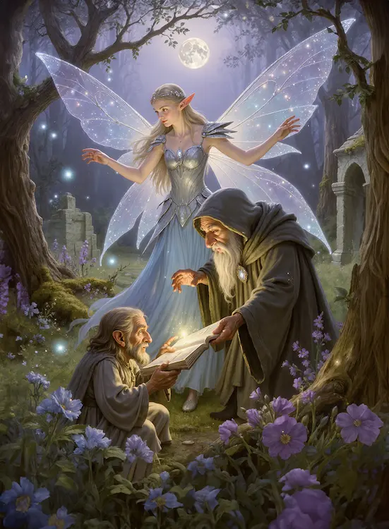 Full art fantasy artwork for ROT-157 Moonlit Bargain from the Heroes and Spells expansion, showing a fairy overseeing a magical bargain between two robed elders in Thaloria.