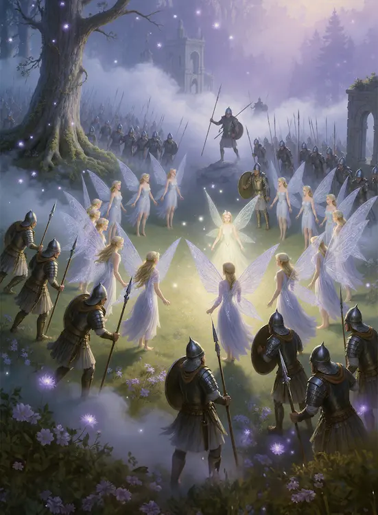 Full art fantasy artwork for ROT-158 Wings of the Court from the Heroes and Spells expansion, showing a fairy court gathered in a glowing circle as soldiers surround them in Thaloria.