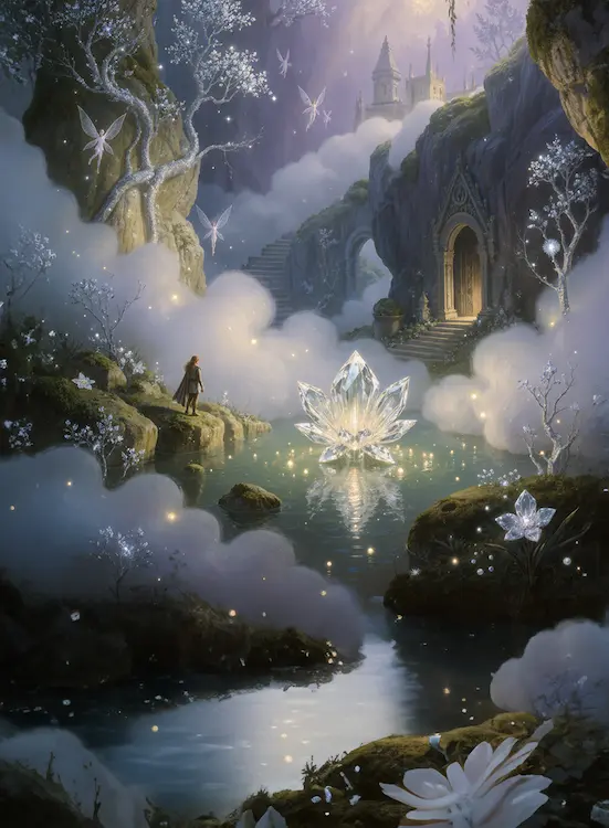 Full art fantasy artwork for ROT-159 Evermist Whisper from the Heroes and Spells expansion, showing a glowing crystal flower on a misty enchanted lake in Thaloria.