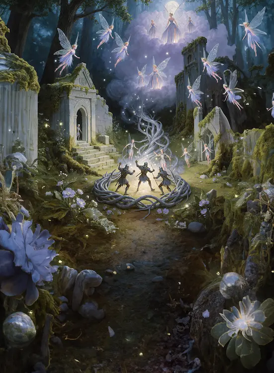 Full art fantasy artwork for ROT-160 Silverroot Snare from the Heroes and Spells expansion, showing fairies trapping warriors within glowing silver roots in Thaloria.